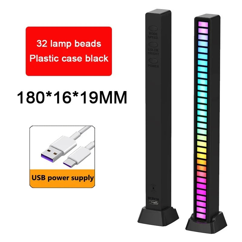 RGB Light Bar with Music Sync | 32LED Voice-Activated Pickup Rhythm Lamp | App Control | USB Powered | Ambient Light for Gaming, Car, Party, Room Decor — Black