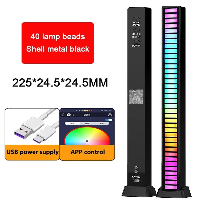 RGB Light Bar with Music Sync | 32LED Voice-Activated Pickup Rhythm Lamp | App Control | USB Powered | Ambient Light for Gaming, Car, Party, Room Decor — Black
