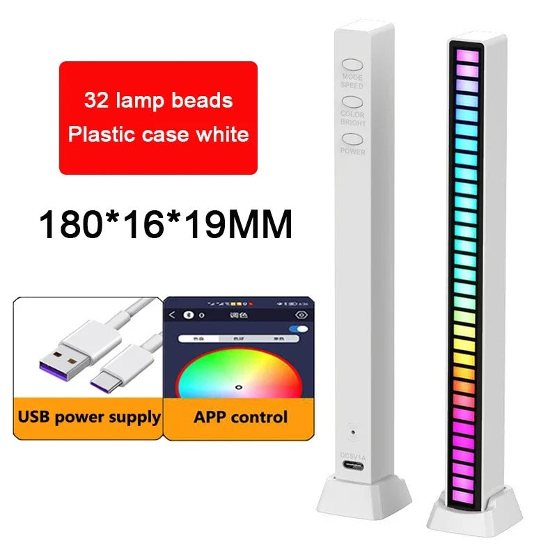 RGB Light Bar with Music Sync | 32LED Voice-Activated Pickup Rhythm Lamp | App Control | USB Powered | Ambient Light for Gaming, Car, Party, Room Decor — Black