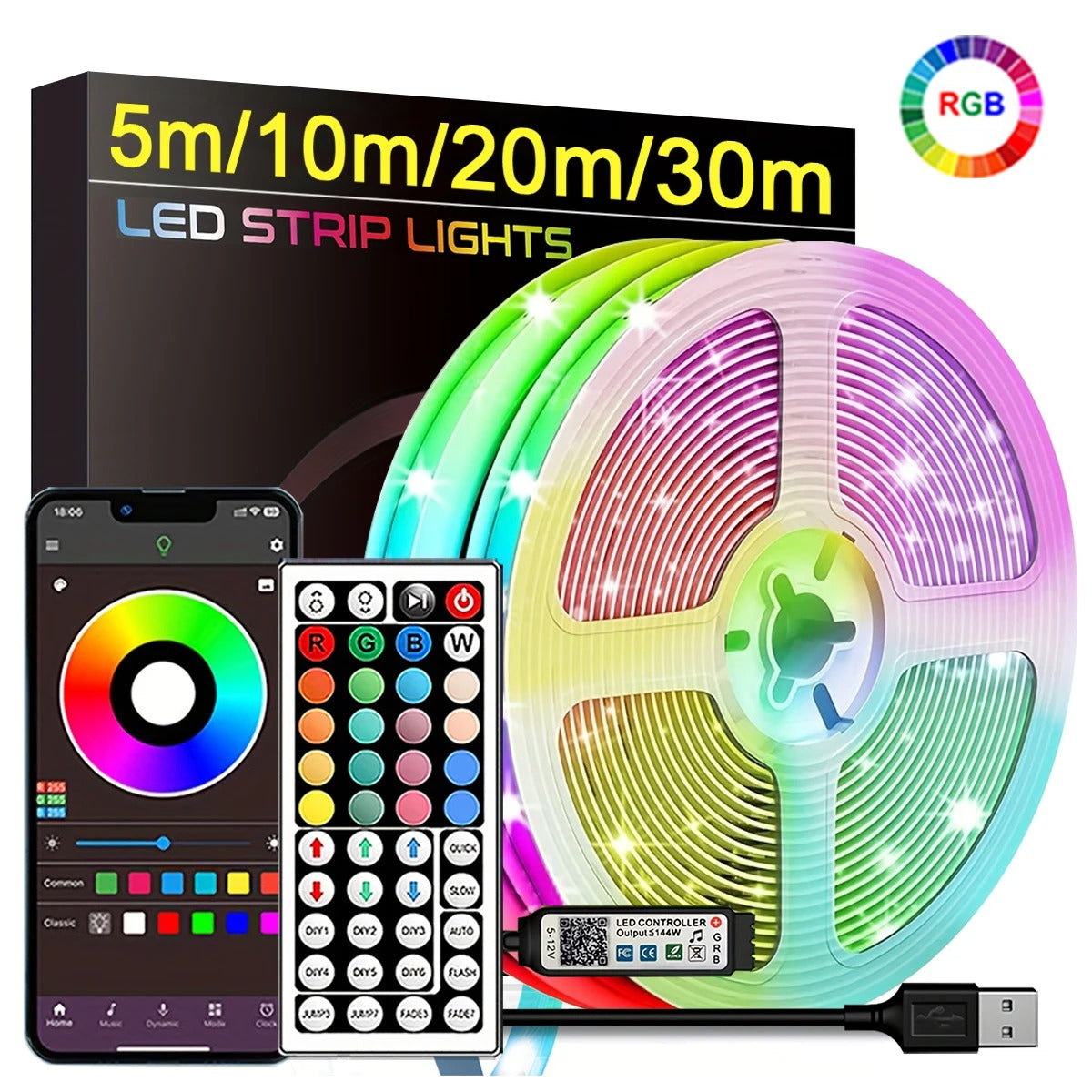 RGB LED Strip Lights 30m (98ft) | App Control + Remote | Music Sync | 16 Million Colors | Flexible Tape Light for Bedroom, Gaming Room, Party Decor