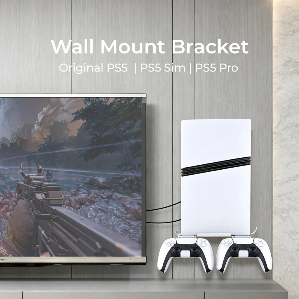 PS5 Wall Mount Bracket with Controller Hooks | Metal Wall Stand for PS5/PS5 Slim/PS5 Pro | Space-Saving Console Shelf with Dual Controller Holder