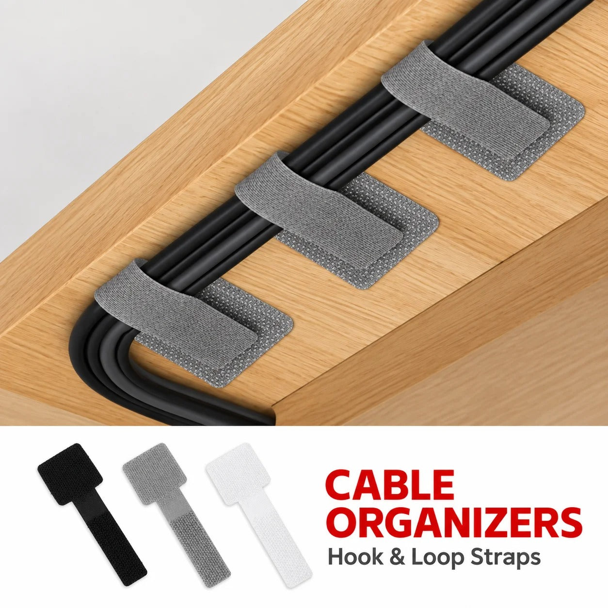 Self-Adhesive Cable Organizer Straps | 20-Piece Reusable Hook & Loop Cord Ties | Desktop Wire Management for USB, Charging & Data Cables