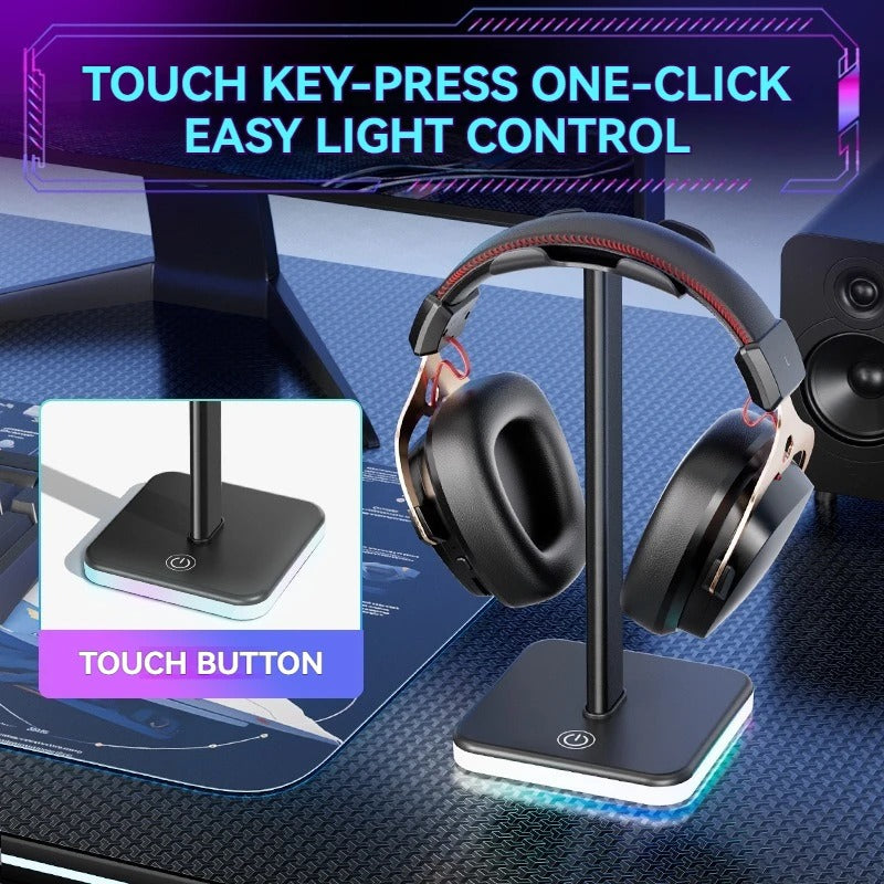 RGB Headphone Stand with Lighting | Adjustable Color Control | Universal Gaming Headset Holder | Desktop Display & Storage for PC Gamers — Black