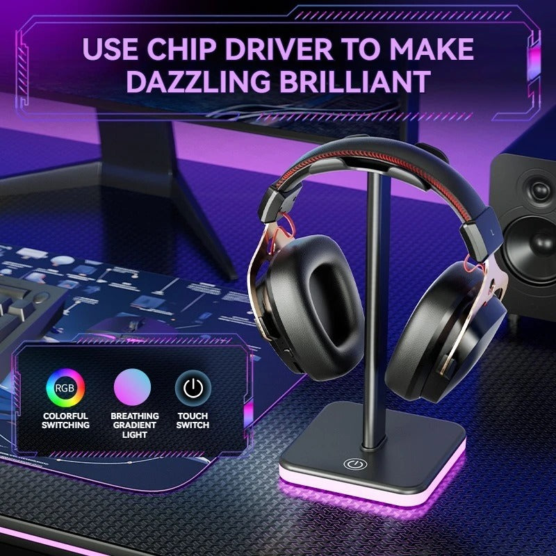 RGB Headphone Stand with Lighting | Adjustable Color Control | Universal Gaming Headset Holder | Desktop Display & Storage for PC Gamers — Black