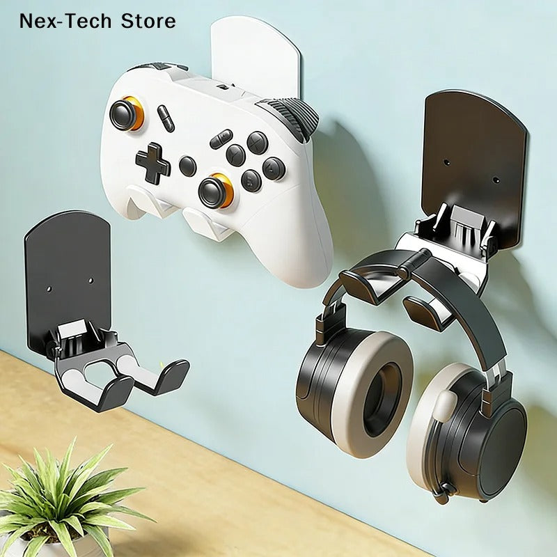 Wall Mounted Gaming Headset & Controller Bracket | No-Punch Adhesive Wall Holder for PS5/PS4/Xbox | Space-Saving Storage Rack with 3 Hooks