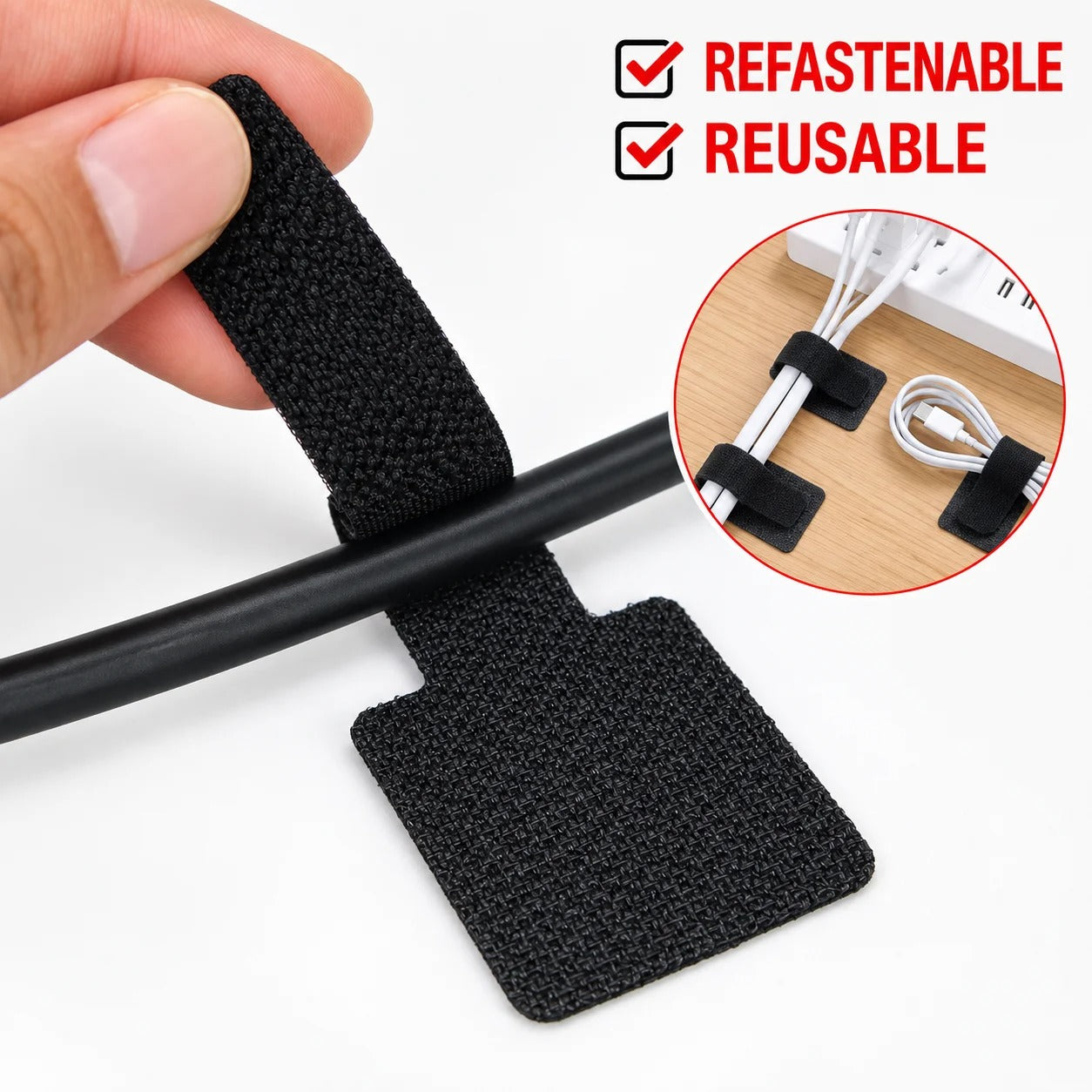 Self-Adhesive Cable Organizer Straps | 20-Piece Reusable Hook & Loop Cord Ties | Desktop Wire Management for USB, Charging & Data Cables