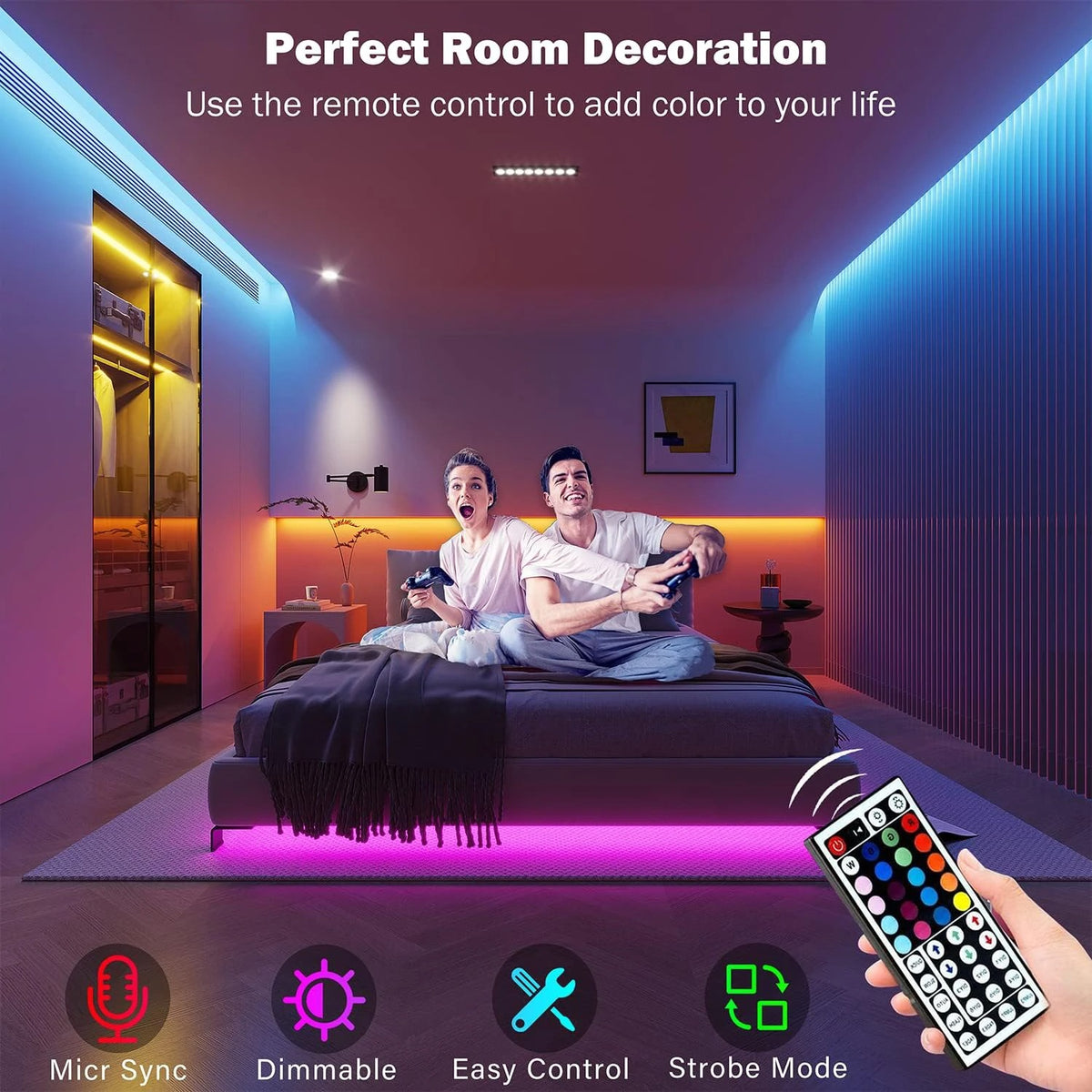 RGB LED Strip Lights 30m (98ft) | App Control + Remote | Music Sync | 16 Million Colors | Flexible Tape Light for Bedroom, Gaming Room, Party Decor