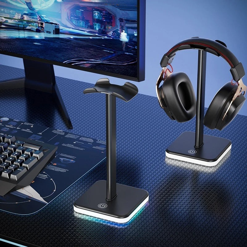 RGB Headphone Stand with Lighting | Adjustable Color Control | Universal Gaming Headset Holder | Desktop Display & Storage for PC Gamers — Black