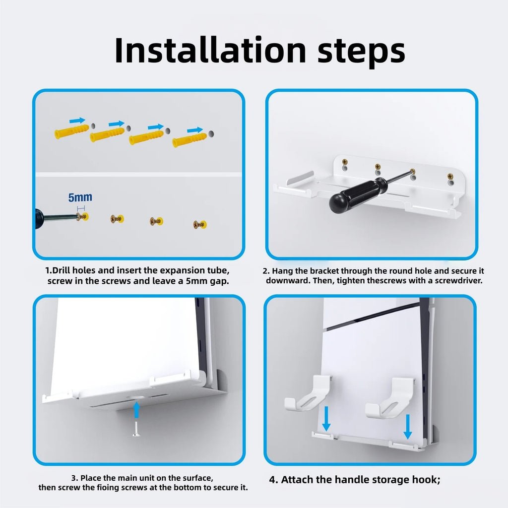 PS5 Wall Mount Bracket with Controller Hooks | Metal Wall Stand for PS5/PS5 Slim/PS5 Pro | Space-Saving Console Shelf with Dual Controller Holder