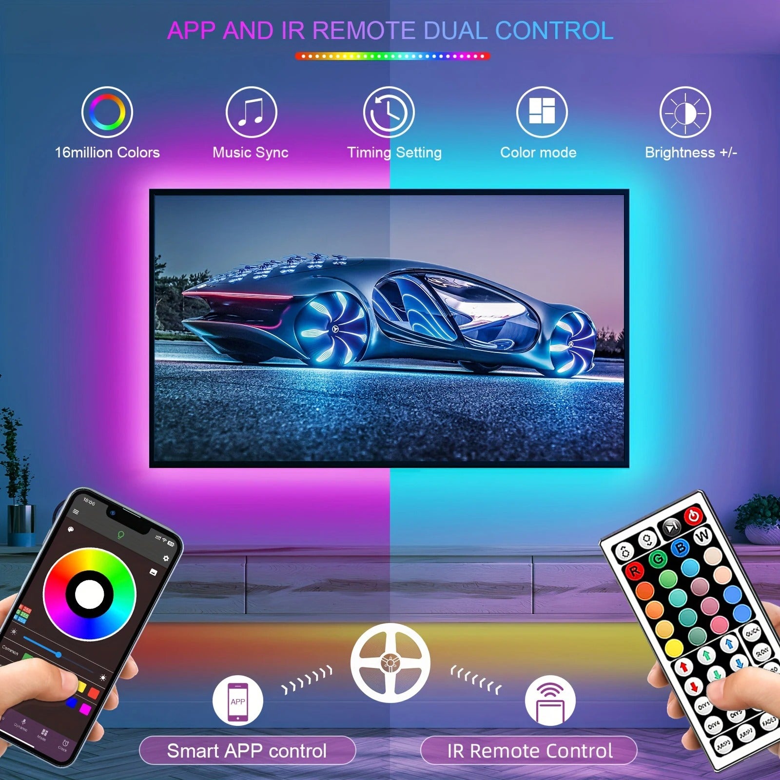 RGB LED Strip Lights 30m (98ft) | App Control + Remote | Music Sync | 16 Million Colors | Flexible Tape Light for Bedroom, Gaming Room, Party Decor
