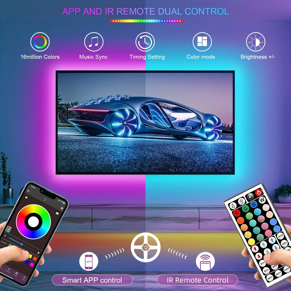 RGB LED Strip Lights 30m (98ft) | App Control + Remote | Music Sync | 16 Million Colors | Flexible Tape Light for Bedroom, Gaming Room, Party Decor