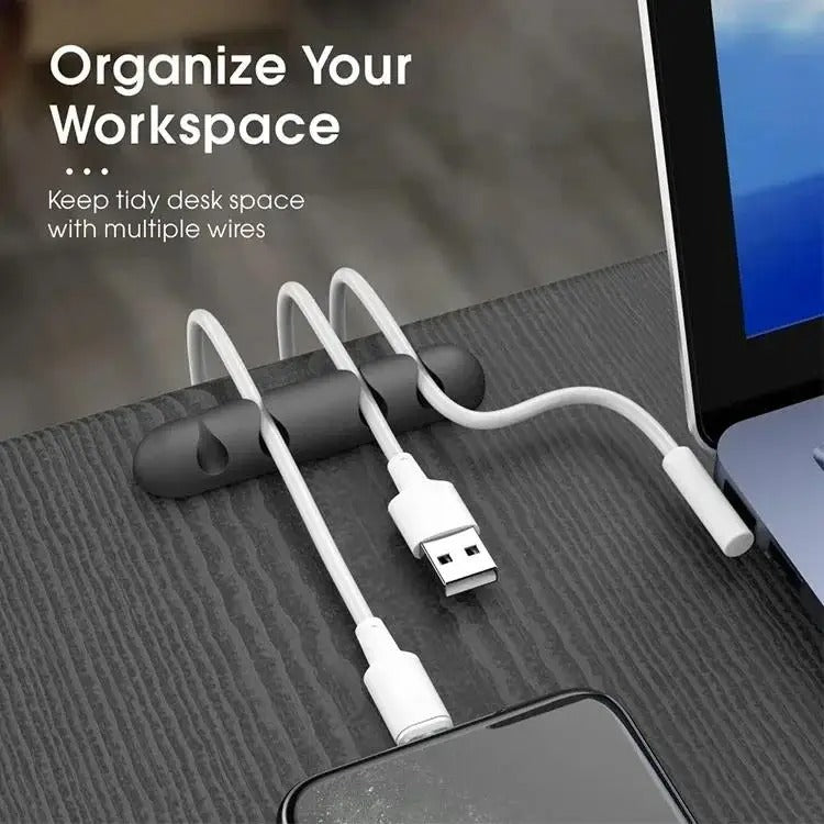 Silicone Cable Organizer Clip | 5-Channel Self-Adhesive Cord Holder | Desk Cable Management for USB, Charging, Mouse & Keyboard Wires — Black