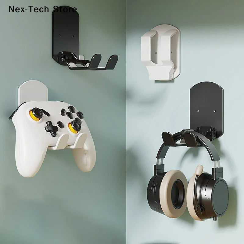 Wall Mounted Gaming Headset & Controller Bracket | No-Punch Adhesive Wall Holder for PS5/PS4/Xbox | Space-Saving Storage Rack with 3 Hooks