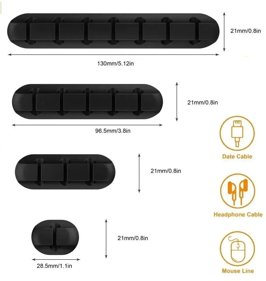 Silicone Cable Organizer Clip | 5-Channel Self-Adhesive Cord Holder | Desk Cable Management for USB, Charging, Mouse & Keyboard Wires — Black