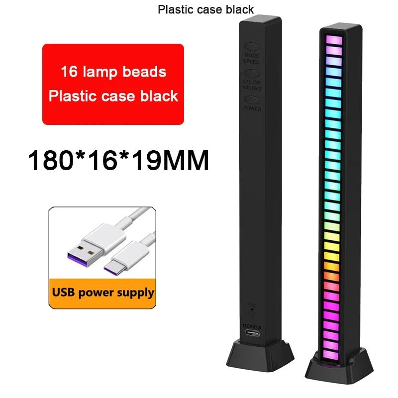 RGB Light Bar with Music Sync | 32LED Voice-Activated Pickup Rhythm Lamp | App Control | USB Powered | Ambient Light for Gaming, Car, Party, Room Decor — Black