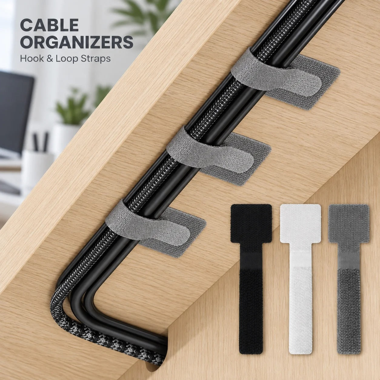 Self-Adhesive Cable Organizer Straps | 20-Piece Reusable Hook & Loop Cord Ties | Desktop Wire Management for USB, Charging & Data Cables