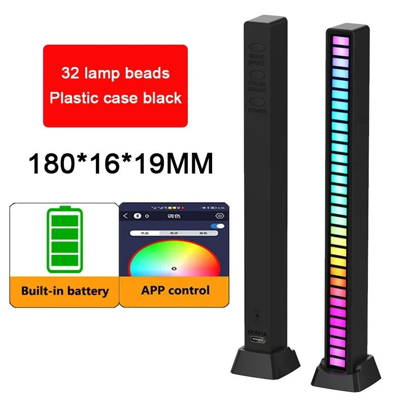 RGB Light Bar with Music Sync | 32LED Voice-Activated Pickup Rhythm Lamp | App Control | USB Powered | Ambient Light for Gaming, Car, Party, Room Decor — Black