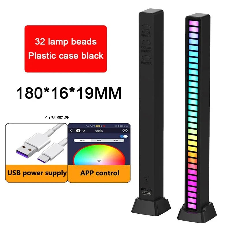 RGB Light Bar with Music Sync | 32LED Voice-Activated Pickup Rhythm Lamp | App Control | USB Powered | Ambient Light for Gaming, Car, Party, Room Decor — Black